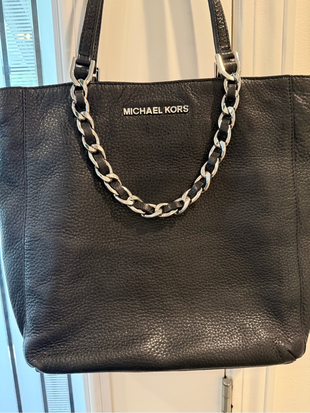 Michael Kors Black Pebbled Leather Tote with Silver Chain Detail